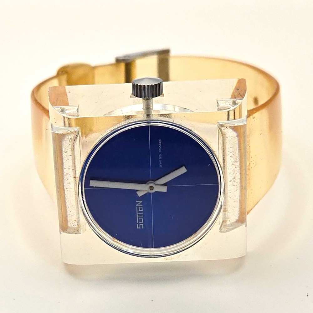 Sutton Swiss Made Manual Wind Watch. Blue Dial, Clear Strap, Clear Square Case.
